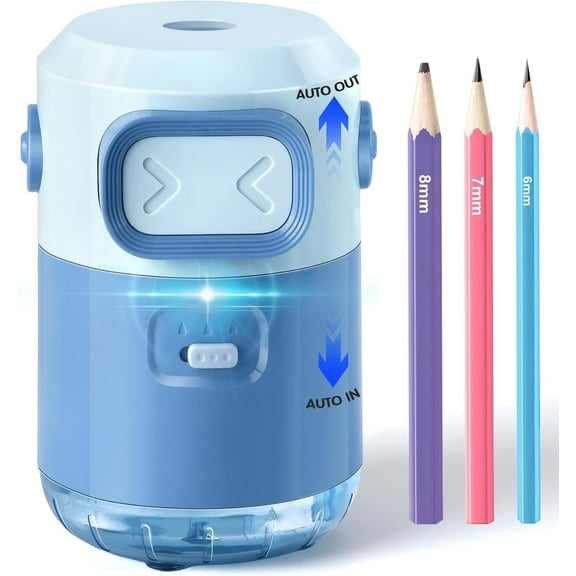 Electric Pencil Sharpener, Fully Automatic Pencil Sharpener for Colored Pencils 6-8mm, Rechargeable Sharpener Hands-Free, Auto In&Out Robot Pencil Sharpeners Classroom Home Office, Blue