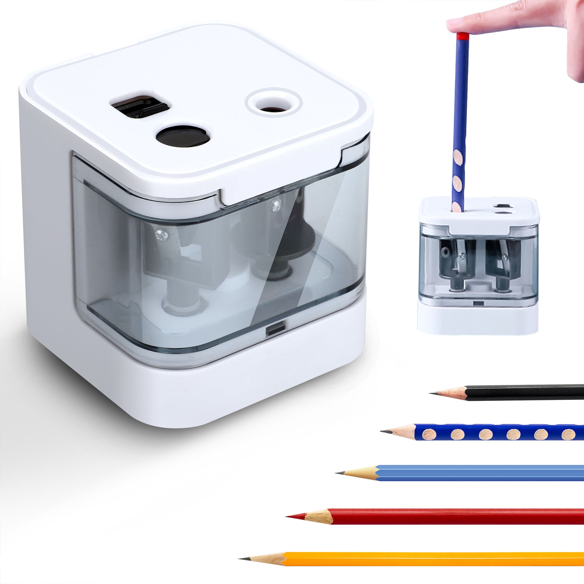 Electric Pencil Sharpener, TSV Double Hole Automatic Sharpener for  No.2/Colored Pencils, USB & Battery Operated - White 