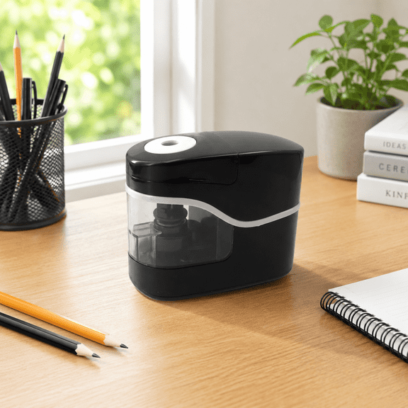 BUDBLOOM Portable Electric Pencil Sharpener with Transparent Shavings Container for Office, Home, Study - Black