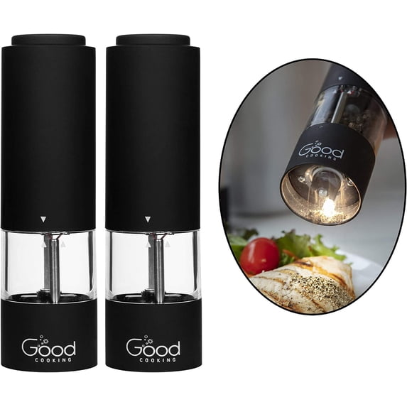 Electric Pepper Grinder and Salt Mill (2 Pack)- Battery Operated One-Handed Spice Dispenser w LED Light & Adjustable Coarseness- Matte Black, Batteries Included