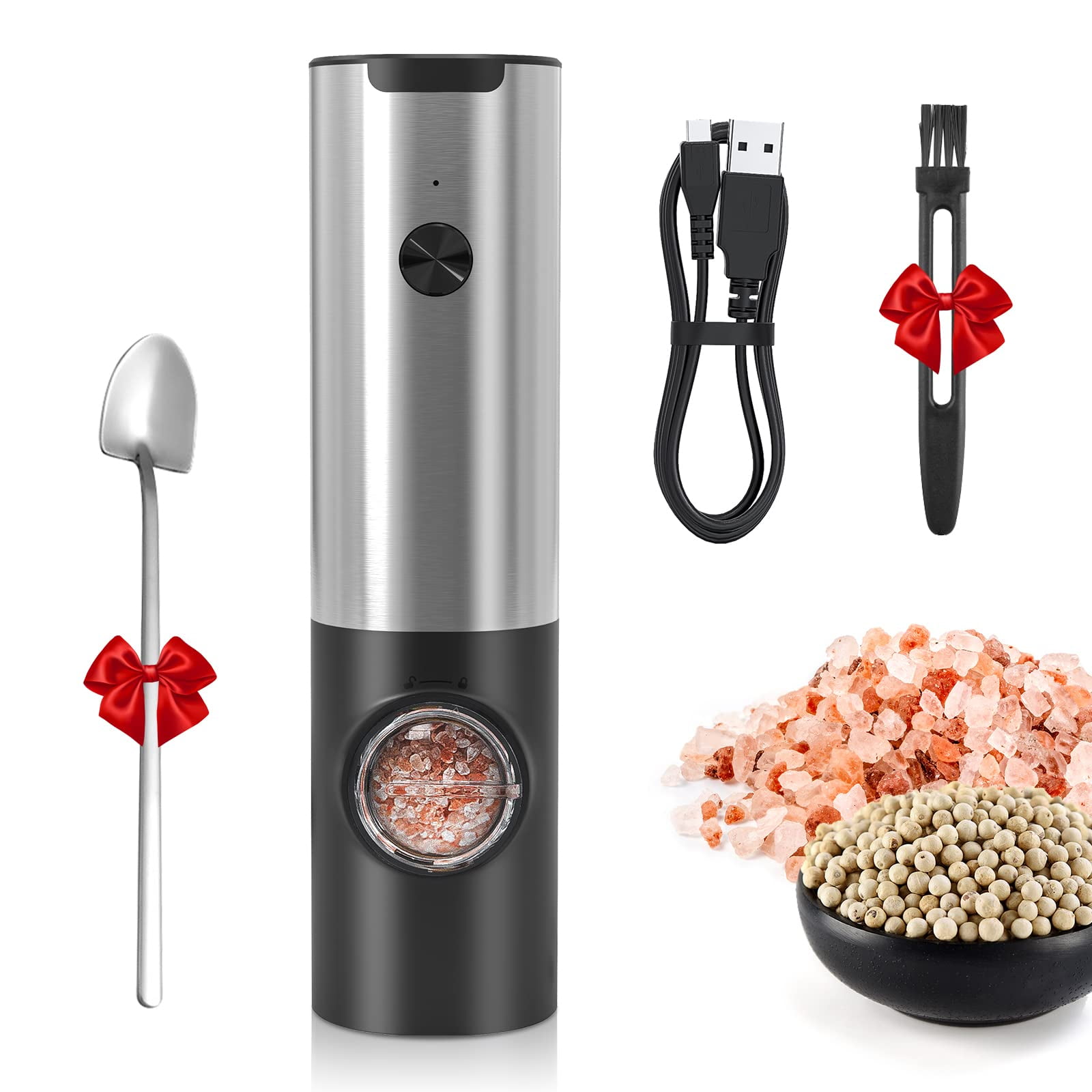 Rechargeable Electric Salt and Pepper Grinder Set - Built-in 500mAh Battery - Automatic Peppercorn and Sea Salt Spice Mill & Shakers Set