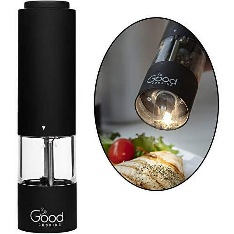 Electric Salt and Pepper Grinder Set - Matte Black Battery Operated Salt & Pepper Mills with Light (Pack of 2) - Automatic One Handed Operation with