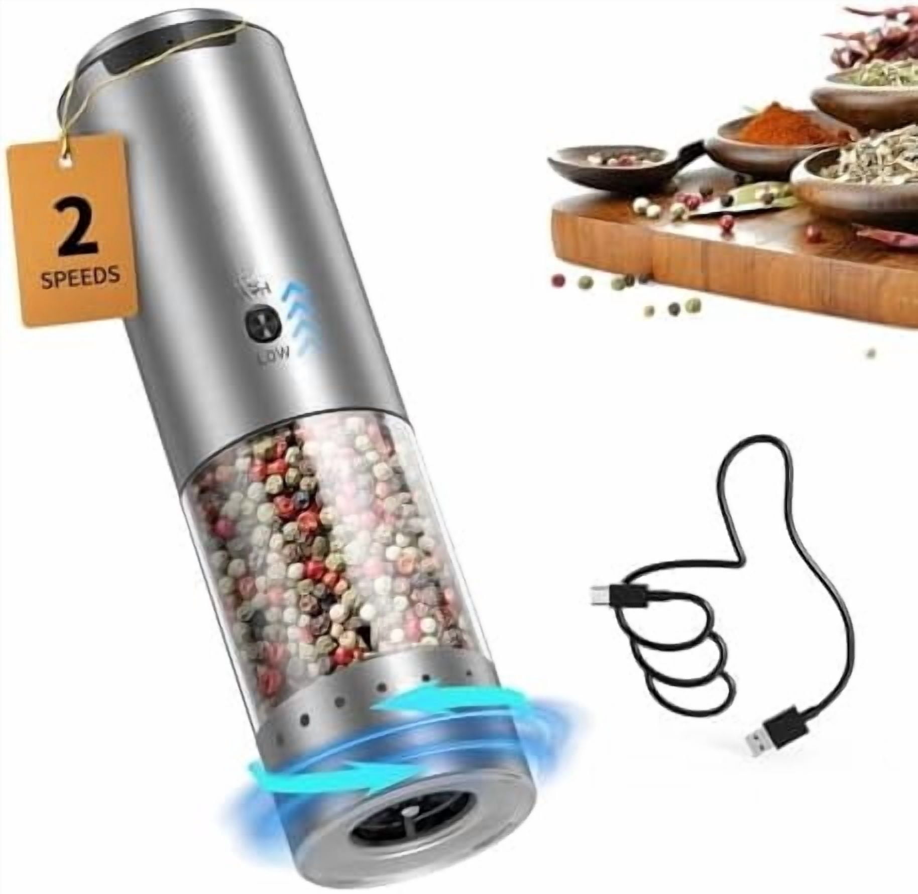 Electric Pepper Grinder Stainless Steel Rechargeable Pepper Mill with Variable Grinding Speed, External Adjustable Coarseness, 95ml Container and White LED Light, Silver