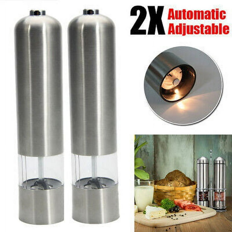 Electric Pepper Mill Grinder,2PCS Electric Salt/ Pepper Grinder -  Automatic, Refillable, Battery Operated Stainless Steel Spice Mills with  Light ,2PCS 