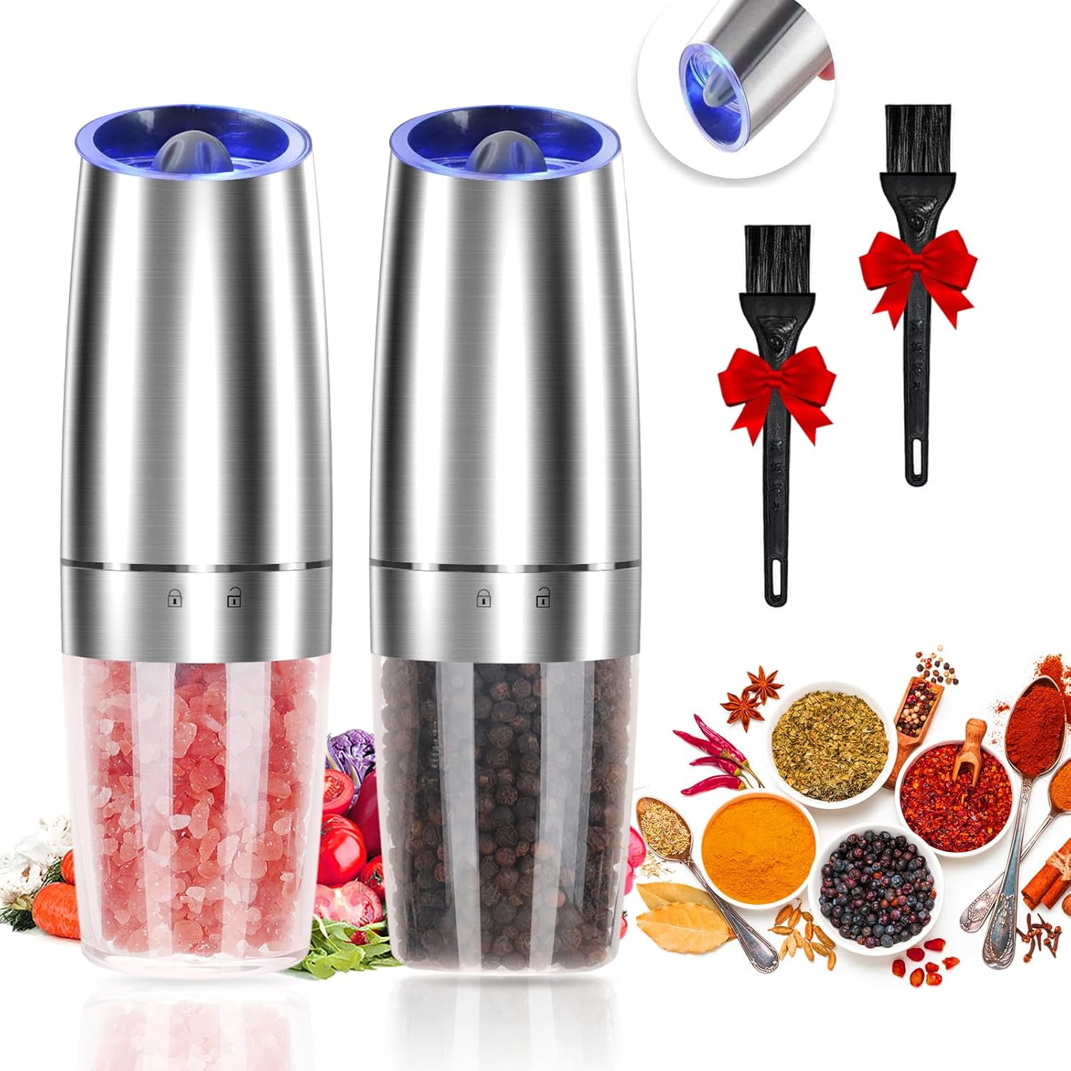 Electric Pepper and Salt Grinder Set, Adjustable Coarseness, Automatic Mill with LED Light, Battery Operated, Larger Capacity, One Hand Operation, 2 Pack Silver