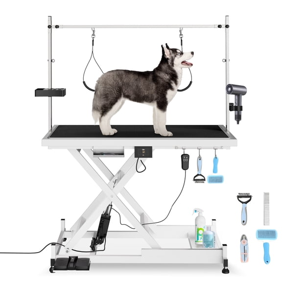 Electric Pet Grooming Table, 50'' Heavy Duty Professional Groomer for Large Dogs with Grooming Arm, Anti-Skid Rubber Desktop, Tool Organizer and Adjustable Height, White