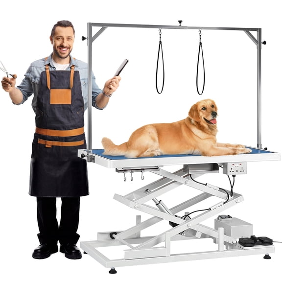 UPKOCH Heavy Duty Electric Dog Grooming Table, Dual x-lift 49.21in Top 264 Lbs Height Adjustable Station with Arm & Storage Tray