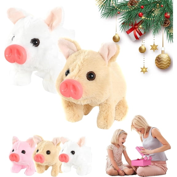 Electric Pig Plush Realistic Toy, Moving Mouth Piggy, Lifelike Animated Walking Pig Plush Toy, with Sound and Motion, Gifts for Birthday Christmas (White+Brown)