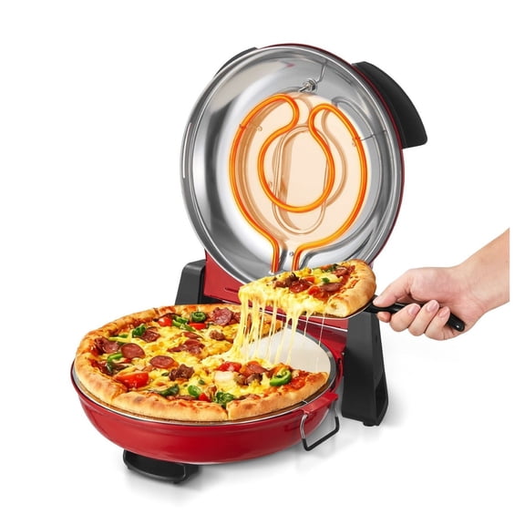 Electric Pizza Oven 12 Inch, 1200W Pizza Maker, Cordierite Stone, 788F, 5-Mode Temp Control, Viewing Window, Fast Baking for Home - Red