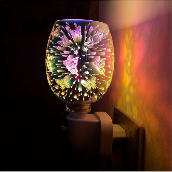 Electric Plug-In LED Aroma Diffuser, 3D Effect Fireworks Glass Wax Burner, Incense Oil Warmer Night Light Aroma Decorative Lamp for Home Office Bedroom Living Room Gifts (Butterfly)