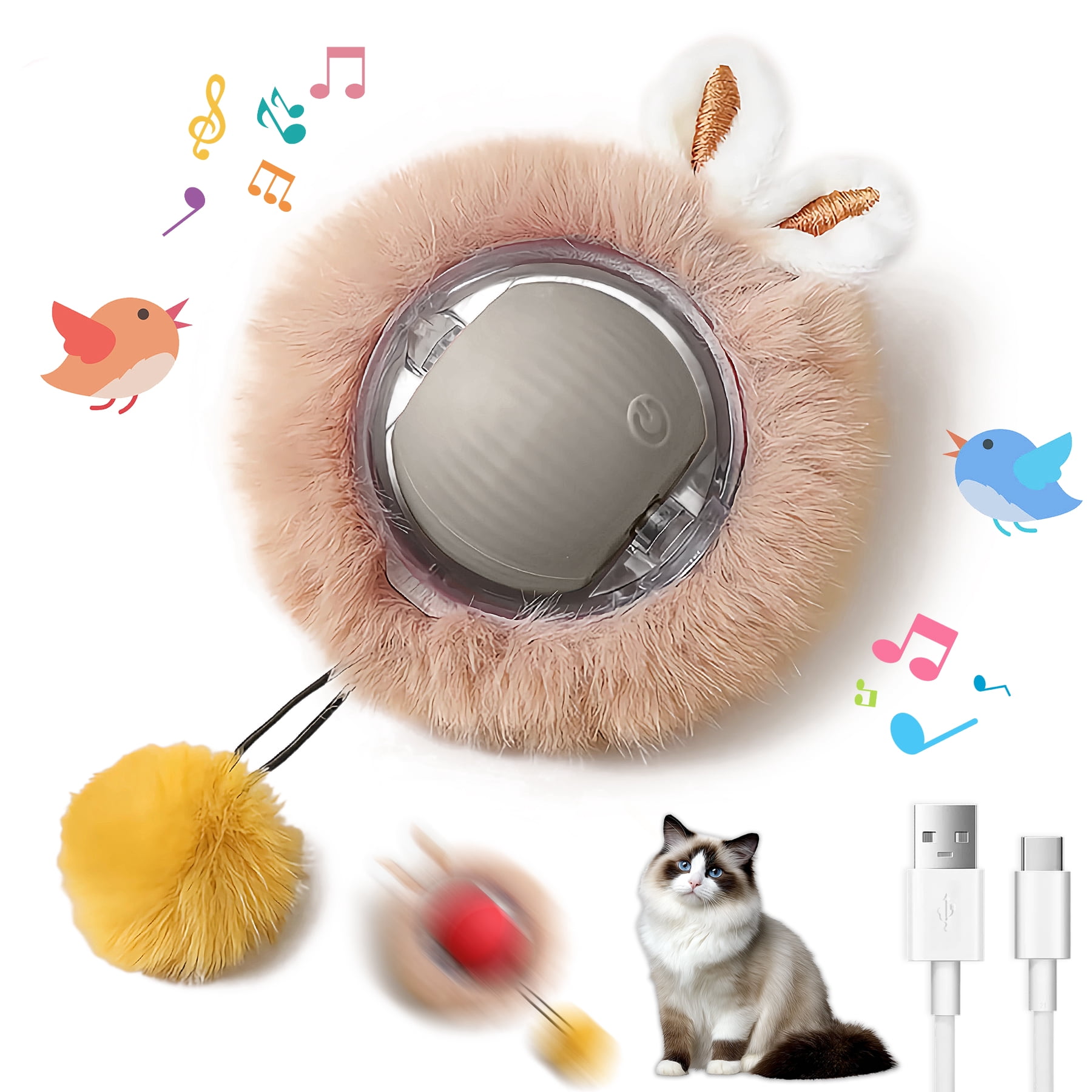 Electric Plush Cat Toy Ball, Interactive Cat Toys for Indoor Cats,Motion Activated Automatic Moving Ball with Lights,Electric Self Rotating Ball with Chirping, Fluffy Tail and Bunny Ears