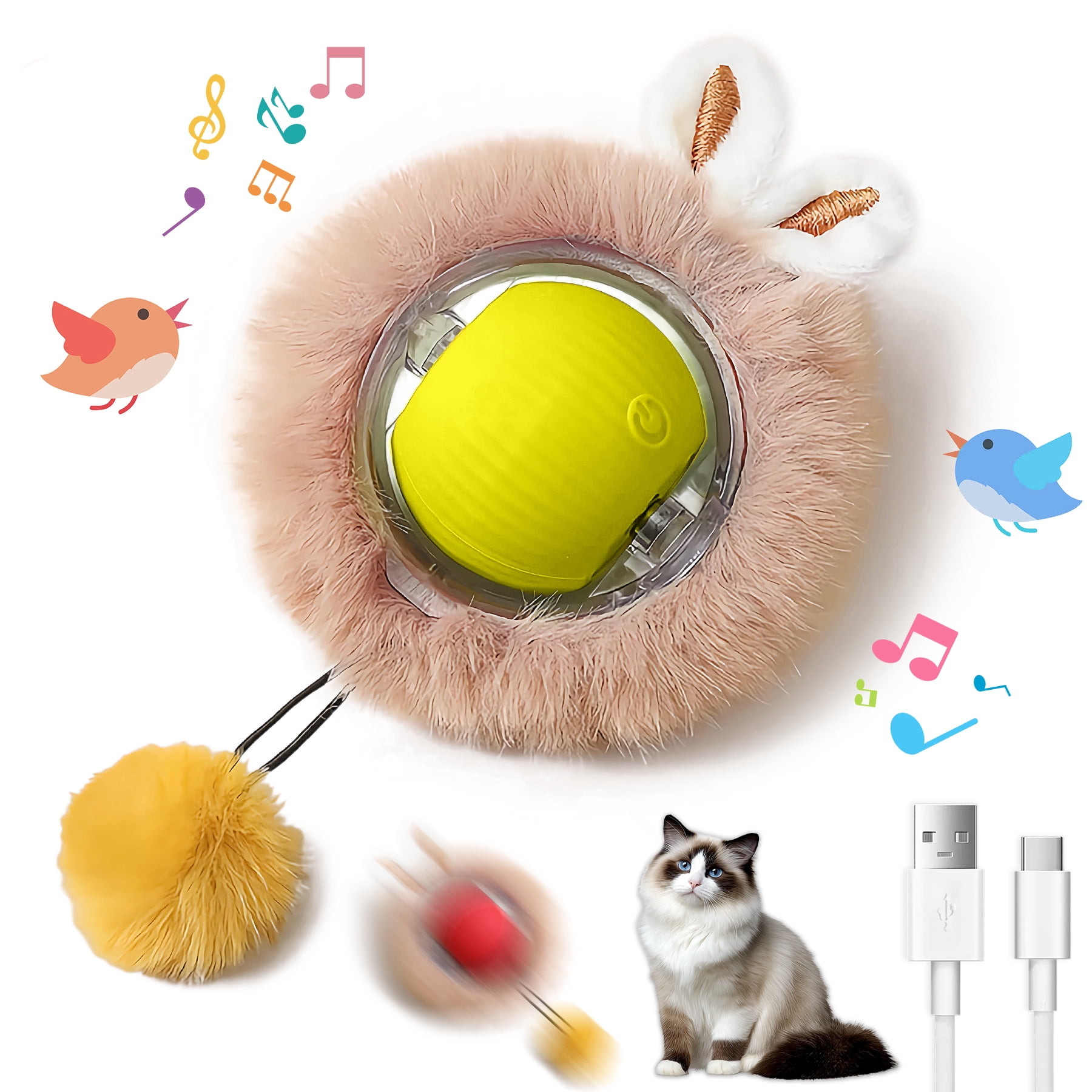Electric Plush Cat Toy Ball, Interactive Cat Toys for Indoor Cats,Motion Activated Automatic Moving Ball with Lights,Electric Self Rotating Ball with Chirping, Fluffy Tail and Bunny Ears