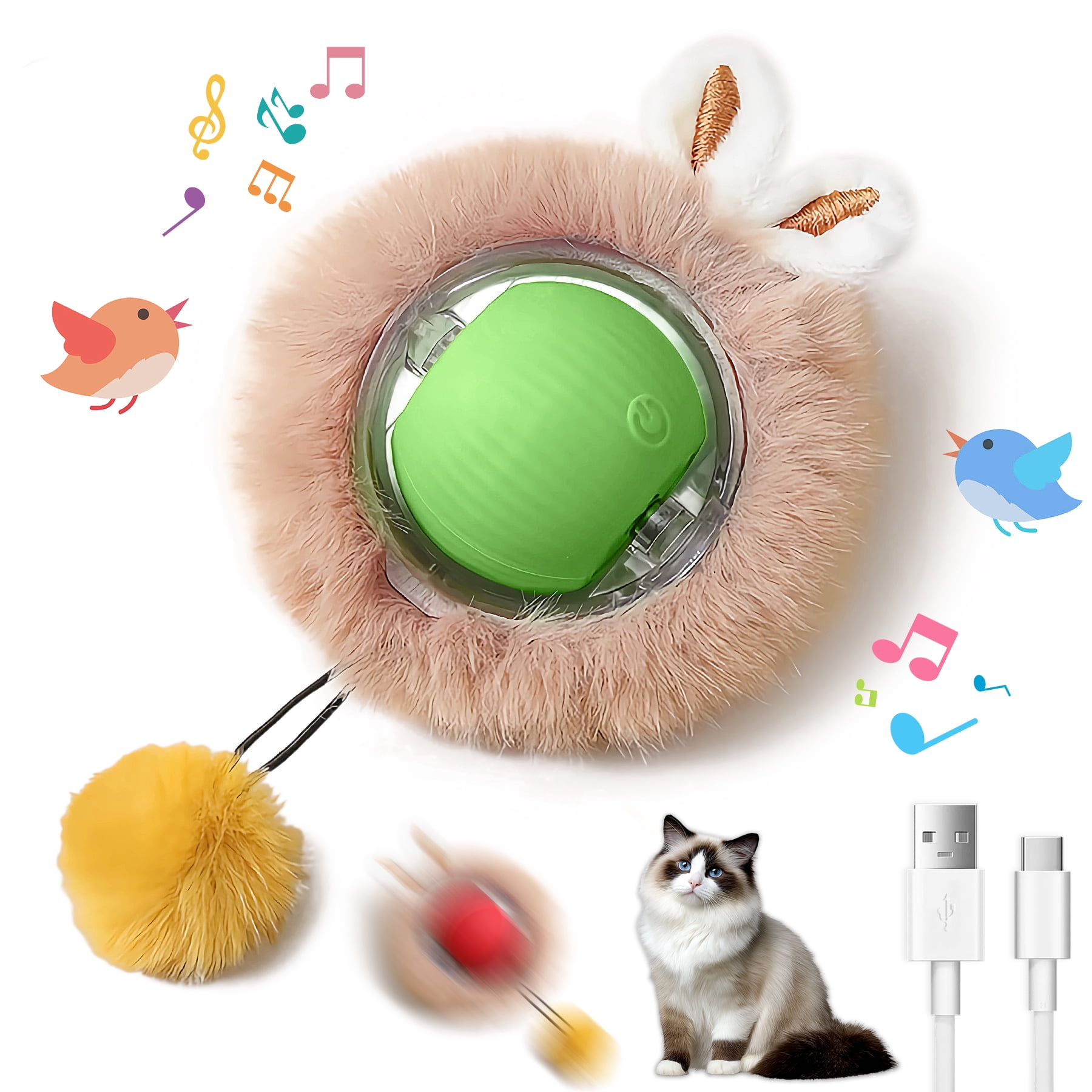 Electric Plush Cat Toy Ball, Interactive Cat Toys for Indoor Cats,Motion Activated Automatic Moving Ball with Lights,Electric Self Rotating Ball with Chirping, Fluffy Tail and Bunny Ears