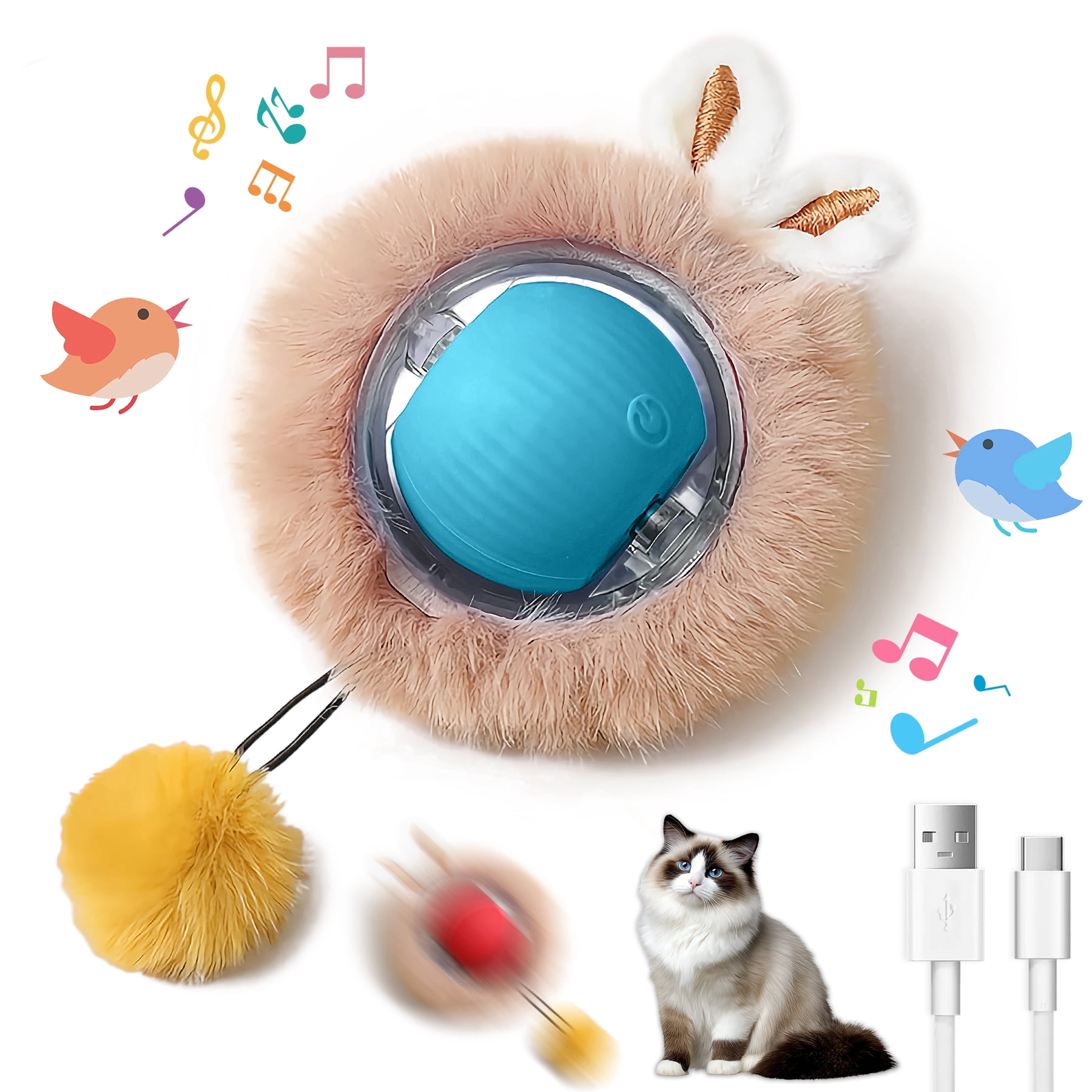 Electric Plush Cat Toy Ball, Interactive Cat Toys for Indoor Cats,Motion Activated Automatic Moving Ball with Lights,Electric Self Rotating Ball with Chirping, Fluffy Tail and Bunny Ears