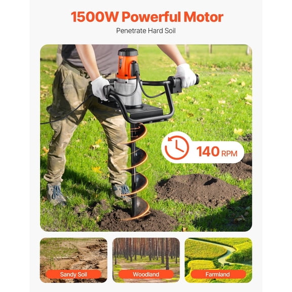 Electric Post Hole Digger,5.71 in Auger Bit with 1500W Powerful Motor,140 RPM Alloy Steel Earth Auger Drill Bit with 10.24 in Extension Rod,for Post Hole Digging,Drilling&Tree Planting