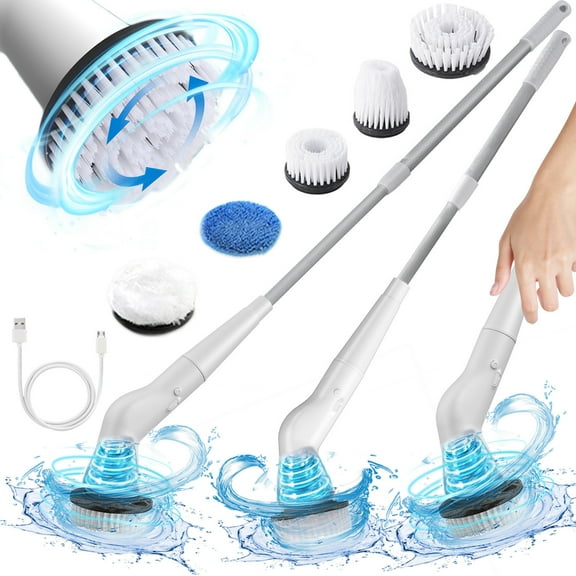 Electric Power Cleaning Brush | High Speed Scrubber with 5 Replaceable Brush Heads | Adjustable Long Extension Handle | Cordless Wireless Rechargeable | 41 Inch Aluminum Alloy | Multi-Surface