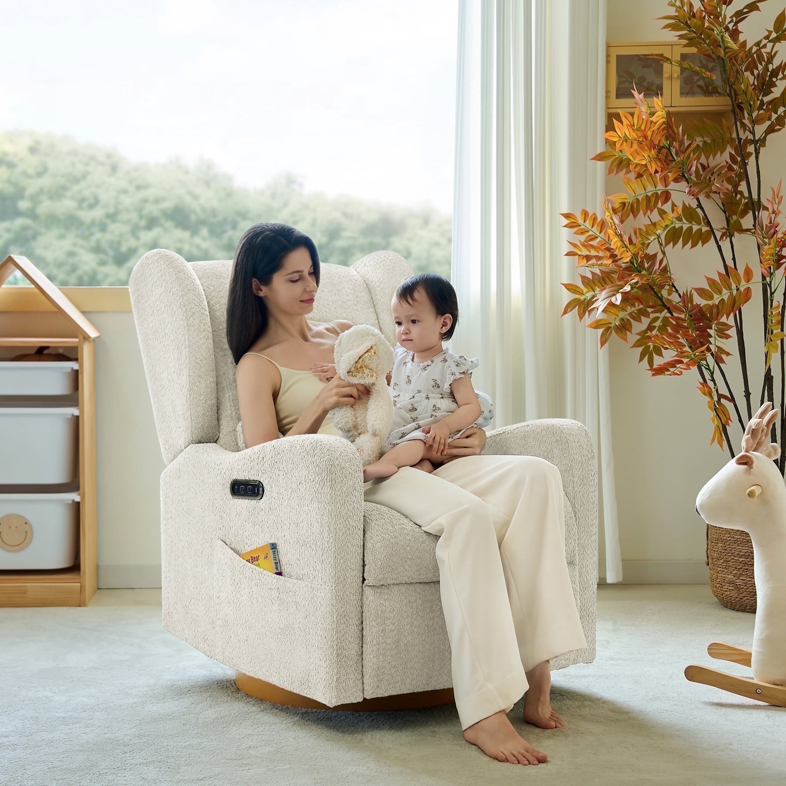 Tina's Home Electric Power Glider Swivel Nursery Recliner Chair Wingback with USB, Waterproof Stain-resistant for Baby Feeding & Living Room Ivory