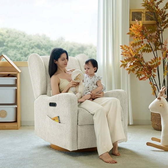 Electric Power Glider Swivel Nursery Recliner Chair Wingback with USB, Waterproof Stain-resistant, Ivory