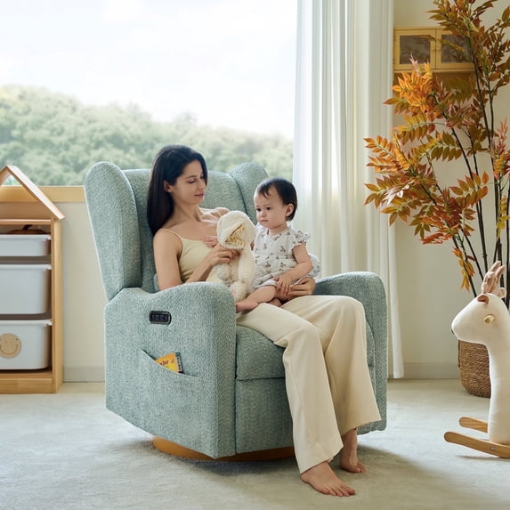 Tina's Home Electric Power Glider Swivel Nursery Recliner Chair Wingback with USB, Waterproof Stain-resistant for Baby Feeding & Living Room Sage