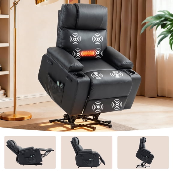 Electric Power Lift Recliner Chair for Elderly with Heat & Massage,160° Adjustable PU Leather Recliner with Remote Control, Stand Assist, Cup Holders & Side Pockets for Living Room Bedroom (Black)