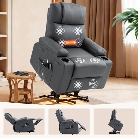 Electric Power Lift Recliner Chair for Elderly, PU Leather with Heat & Massage,160° Adjustable, Stand Assist, Remote Control, Cup Holders & Side Pockets for Living Room Bedroom