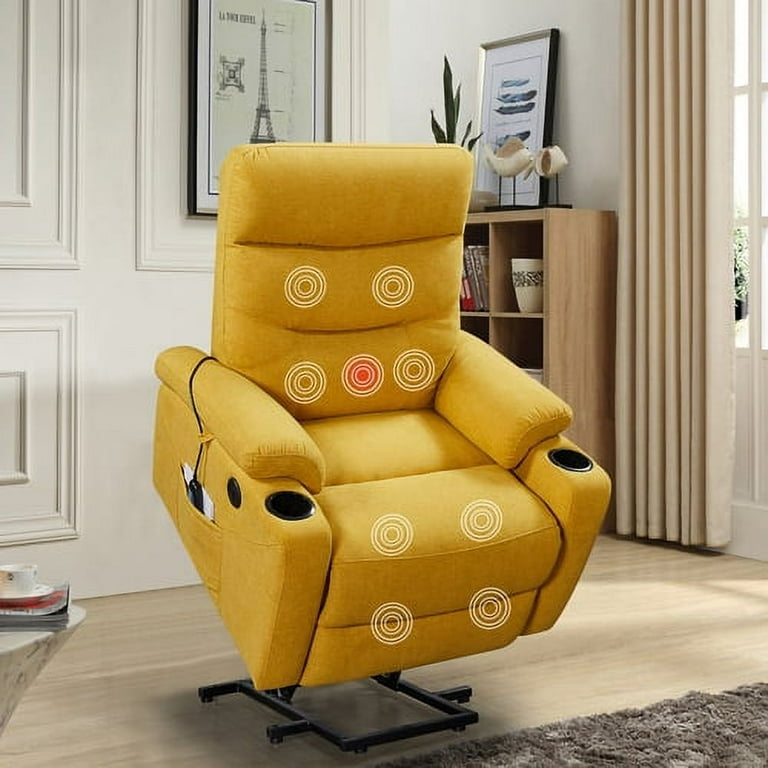 Electric Power Lift Recliner Chair Electric Massage Sofa with Massage and Heat Power Reclining Chair Sofa with 2 Side Pockets Cup Holders and USB Charge Ports for iving Room or Bedroom Yellow Walmart....