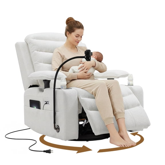 Holaki Power Recliner Chair, 270° Swivel Recliner with Heat & Lumbar Support, Modern Chenille Rocker Recliner Nursery Chair with Smart Cup Holder & Adjustable Armrests for Nursing, White