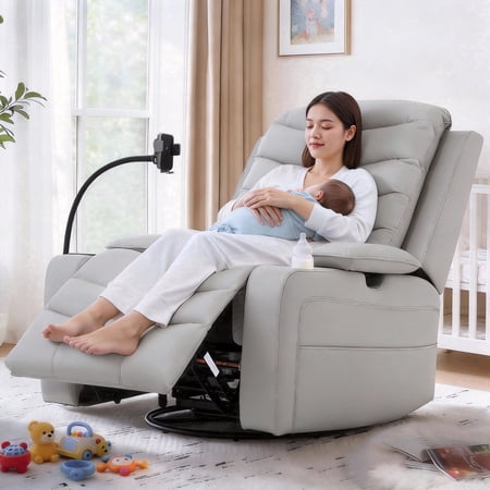 Holaki Power Recliner Chair, 270° Swivel Recliner with Heat & Lumbar Support, Modern PU Leather Rocker Recliner Nursery Chair with Smart Cup Holder & Adjustable Armrests for Nursing, Gray