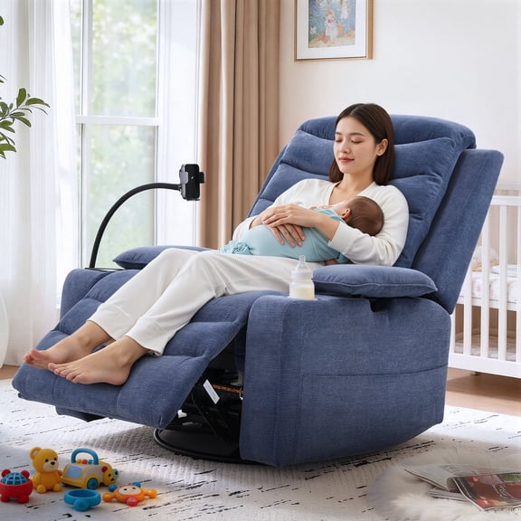 Holaki Power Recliner Chair, 270° Swivel Recliner with Heat & Lumbar Support, Modern Comfortable Chenille Rocker Recliner Nursery Chair with Smart Cup Holder & Adjustable Armrests for Nursing, Navy