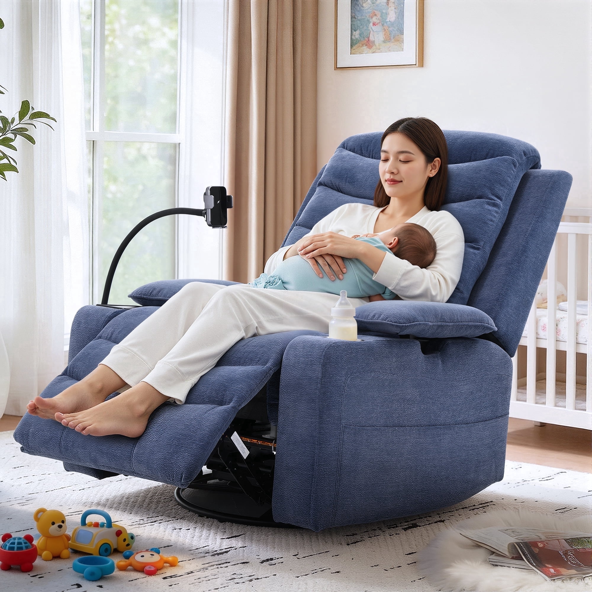 Holaki Power Recliner Chair, 270° Swivel Recliner with Heat & Lumbar Support, Modern Comfortable Chenille Rocker Recliner Nursery Chair with Smart Cup Holder & Adjustable Armrests for Nursing, Navy