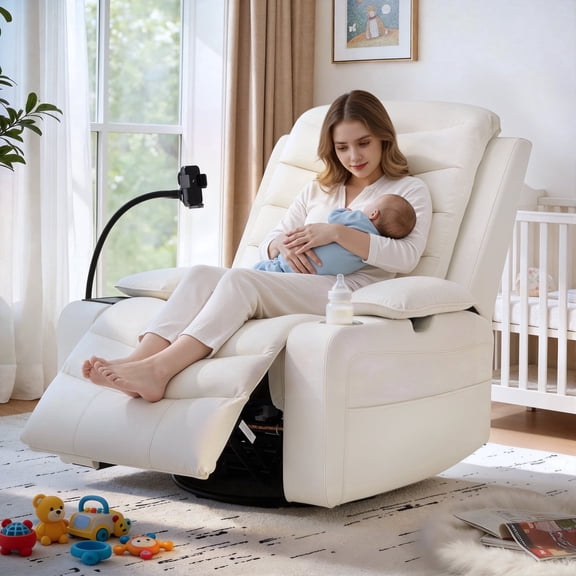 Holaki Power Recliner Chair, 270° Swivel Recliner with Heat & Lumbar Support, Modern PU Leather Rocker Recliner Nursery Chair with Smart Cup Holder & Adjustable Armrests for Nursing, Beige