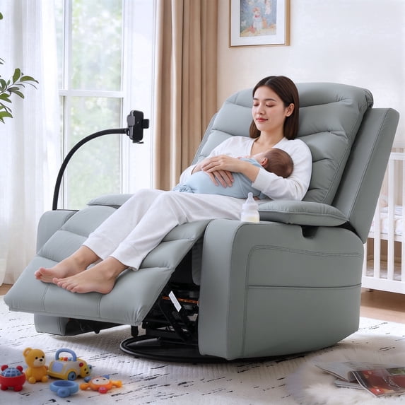 Holaki Power Recliner Chair, 270° Swivel Recliner with Heat & Lumbar Support, Modern PU Leather Rocker Recliner Nursery Chair with Smart Cup Holder & Adjustable Armrests for Nursing, Blue