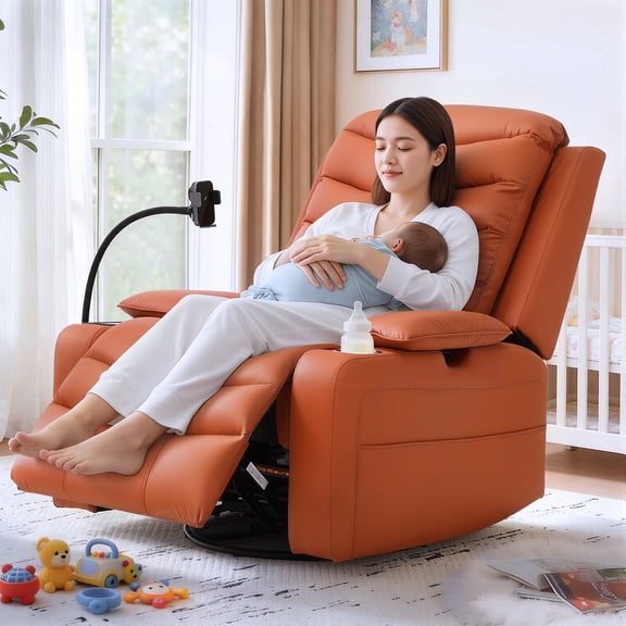 Holaki Power Recliner Chair, 270° Swivel Recliner with Heat & Lumbar Support, Modern PU Leather Rocker Recliner Nursery Chair with Smart Cup Holder & Adjustable Armrests for Nursing, Orange