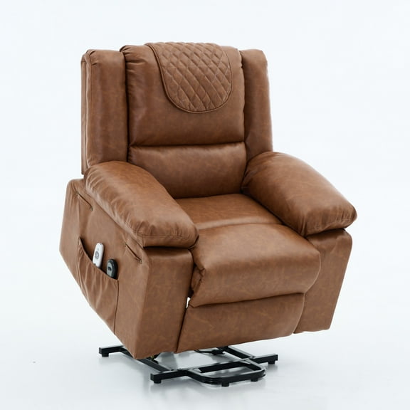 Electric Power Lift Recliner Chair Sofa with Massage and Heat for Elderly, PU Leather Recliner Sofa Chair with Side Pockets for Living Room, Brown