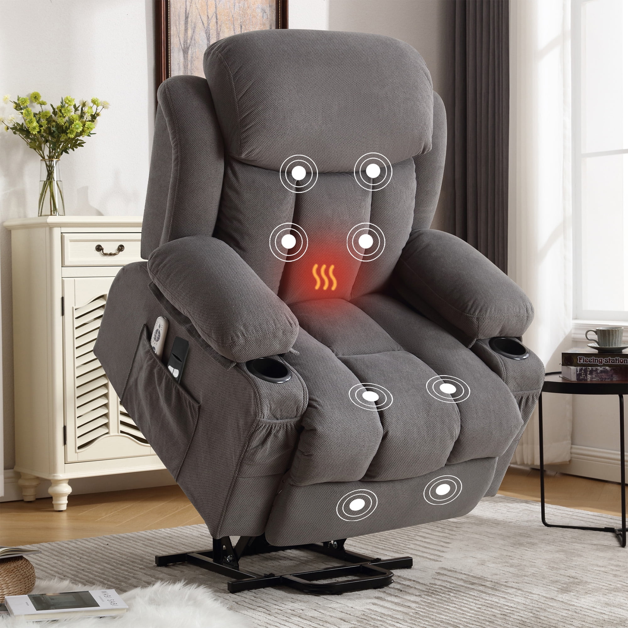Electric Power Lift Recliner Chair with Heat, Massage, Side Pocket, USB Charge Port, Remote Control