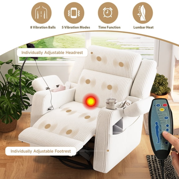 Electric Power Recliner Chair with Heat and Massage, 270 Swivel Rocker Recliner with Phone Holder & USB Ports, Power Nursery Glider with Hidden Storage, Side Pockets, Cup Holder, Beige