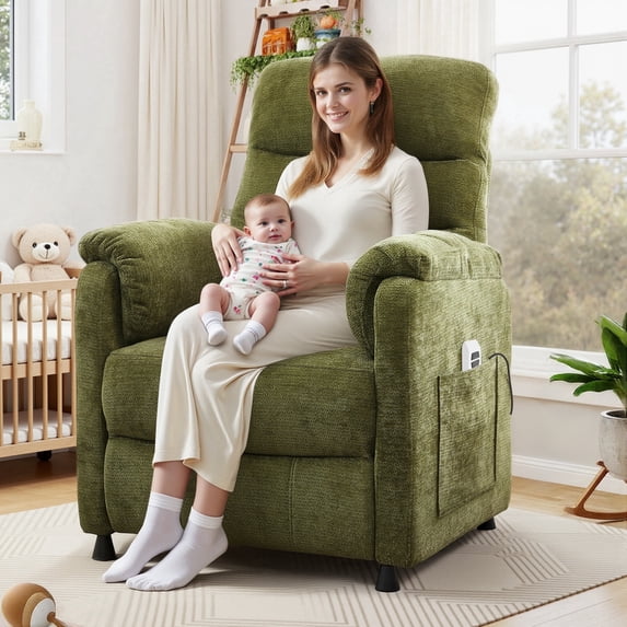 Electric Power Recliner Chair, Modern Chenille Fabric Recliner with Side Pocket & Remote, Nursery Recliner Chair for Living Room Small Space, Green