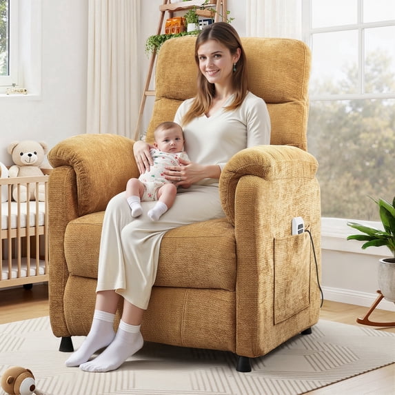 Electric Power Recliner Chair, Modern Chenille Fabric Recliner with Side Pocket & Remote, Nursery Recliner Chair for Living Room Small Space, Yellow