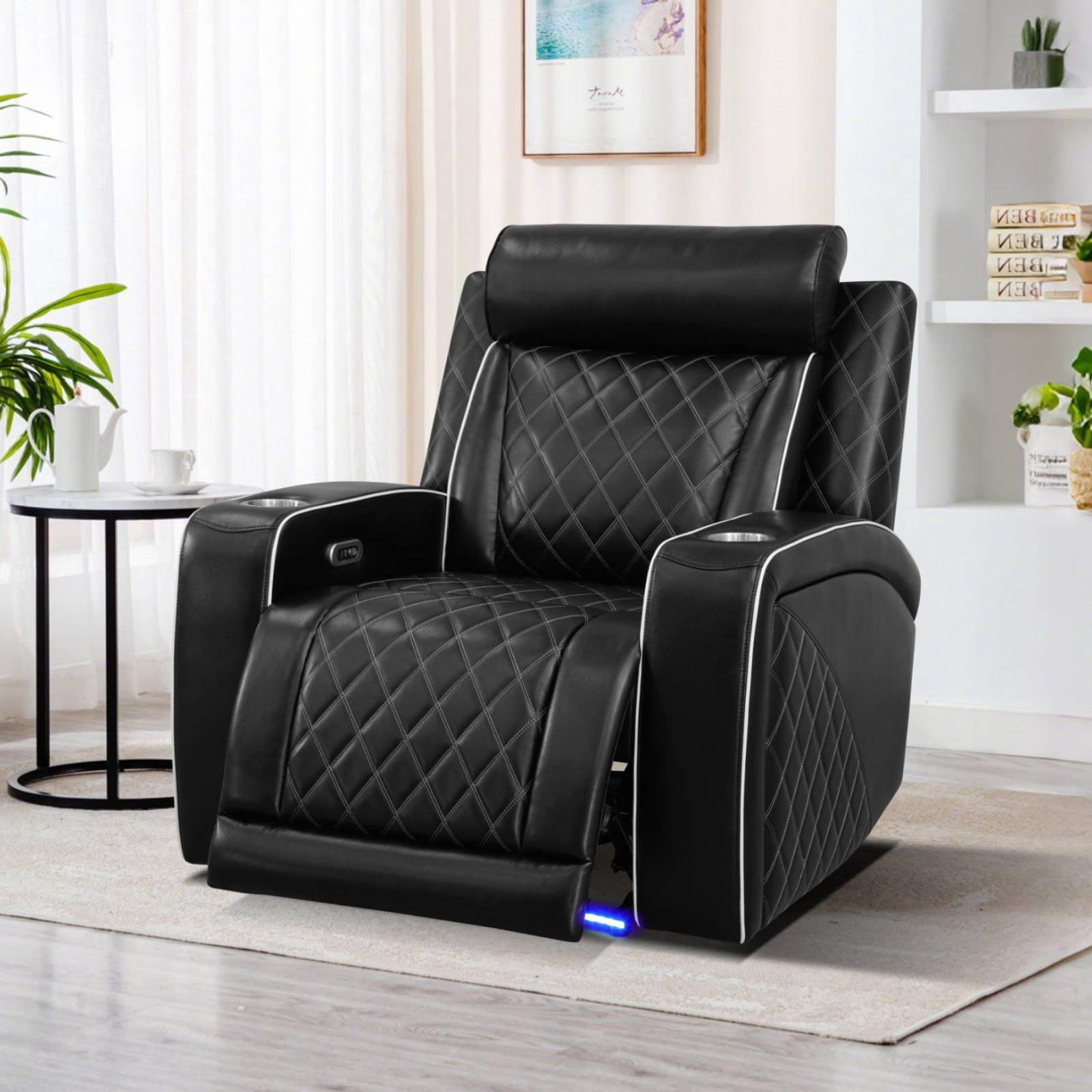 Electric Power Recliner Chair with Cup Holder, Adjustable Headrest Leather Recline Home Theater Seating with USB Port,Led, Black