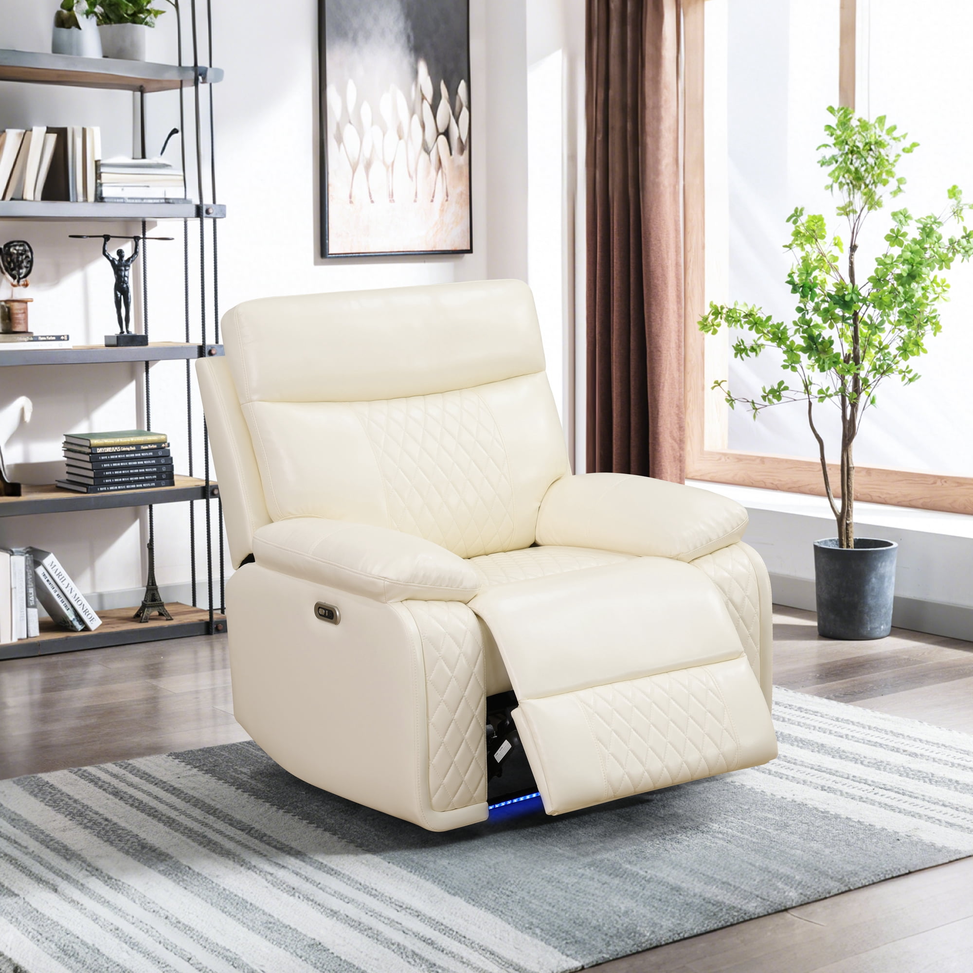 Electric Power Recliner Chair with LED, Adjustable Headrest Leather Recline Home Theater Seating with USB Port, Beige