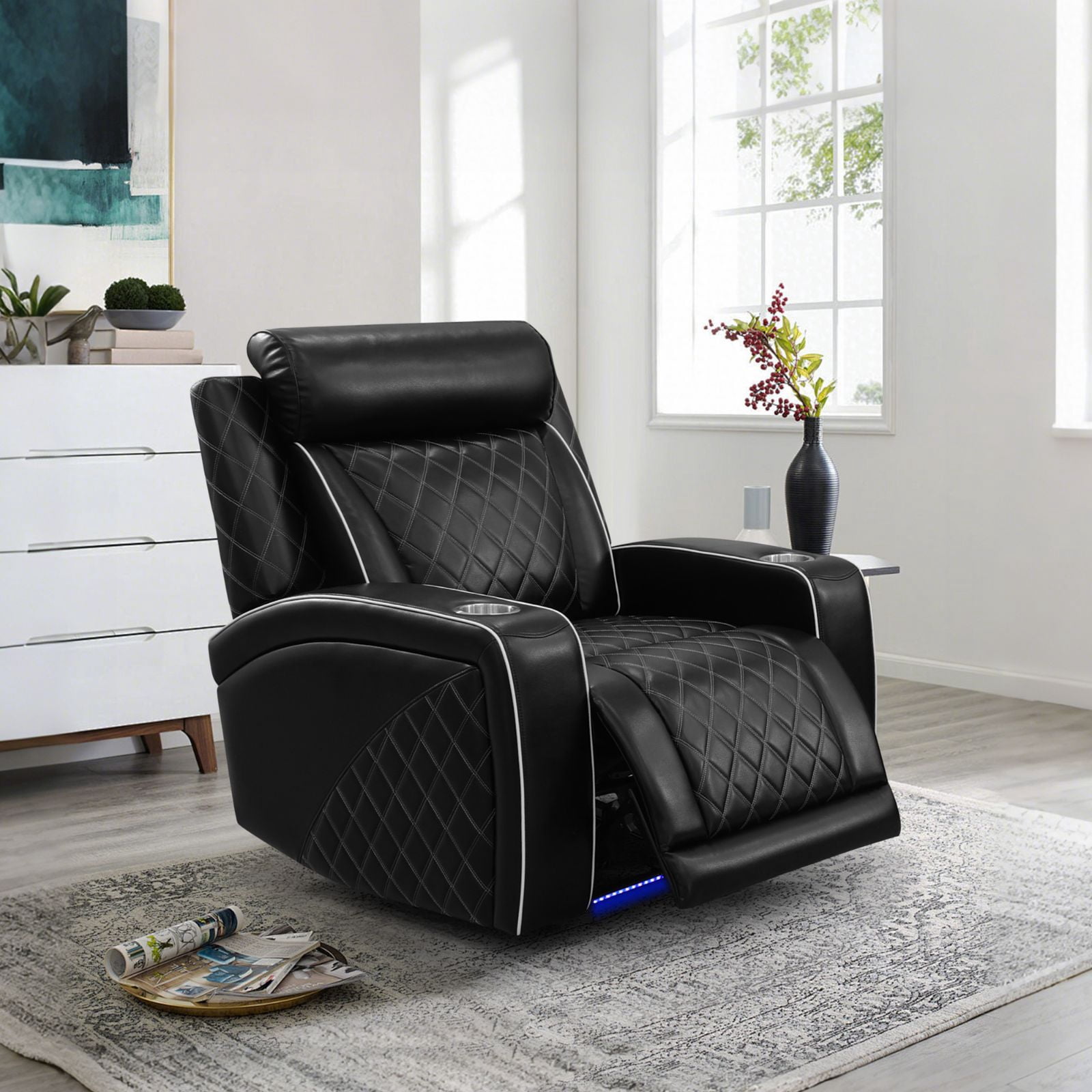Electric Power Recliner Chair with USB Ports and Cup Holders, Breathable Leather Home Theater Seating for Living Room, Black