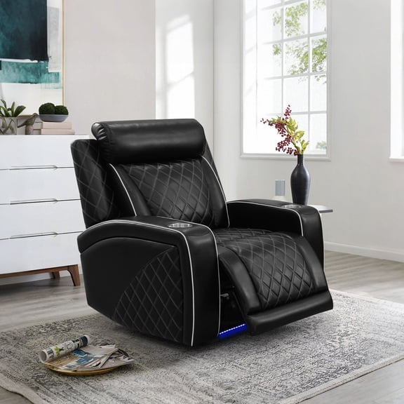 Electric Power Recliner Chair with USB Ports and Cup Holders, Breathable Leather Home Theater Seating for Living Room, Black