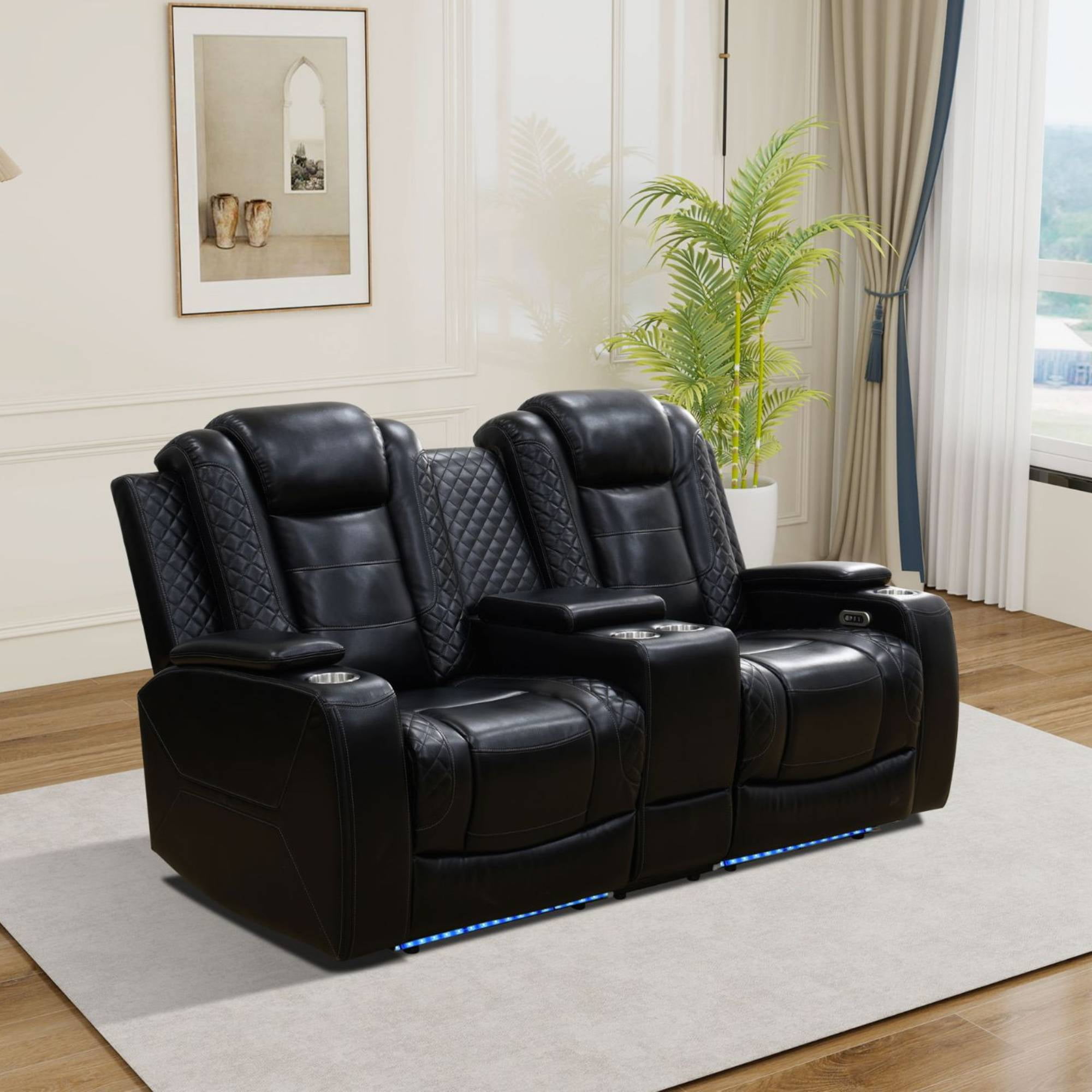 Electric Power Recliner Loveseat Chair 2 Seater Living Room Sofa Chair, Comfy Lazy Home Theater with Cup Holder &USB Ports, Black