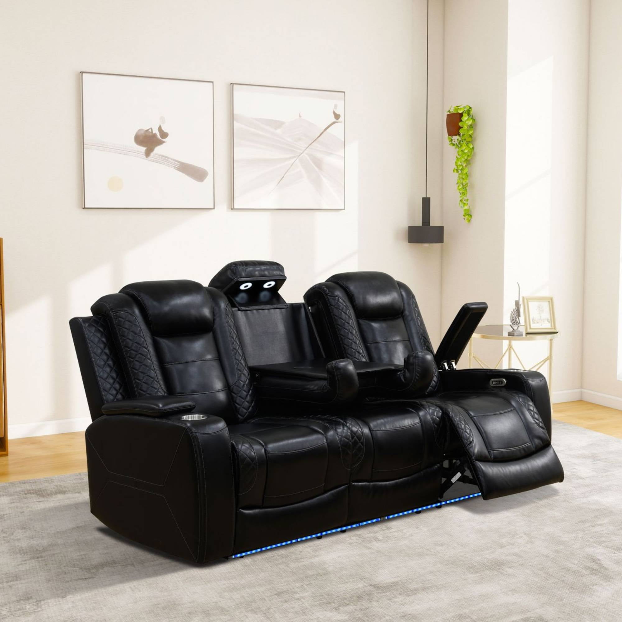 Electric Power Recliner Sofa Chair 3 Seater Living Room Sofa Chair, Comfy Lazy Home Theater with Cup Holder &USB Ports, Black