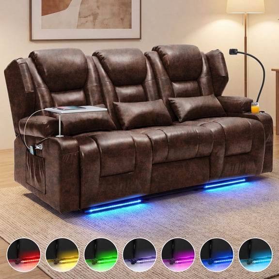 Electric Power Reclining 3-seat Sofa, 4-Point Vibration Massage & Lumbar Heating, Adjustable 90°-150° Recline, RGB LED Light Strip, Side Storage Pockets for Living Room, Breathable Leather, Brown