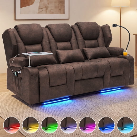 Electric Power Reclining 3-seat Sofa, 4-Point Vibration Massage & Lumbar Heating, Adjustable 90°-150° Recline, RGB LED Light Strip, Side Storage Pockets for Living Room, Breathable Leather, Brown