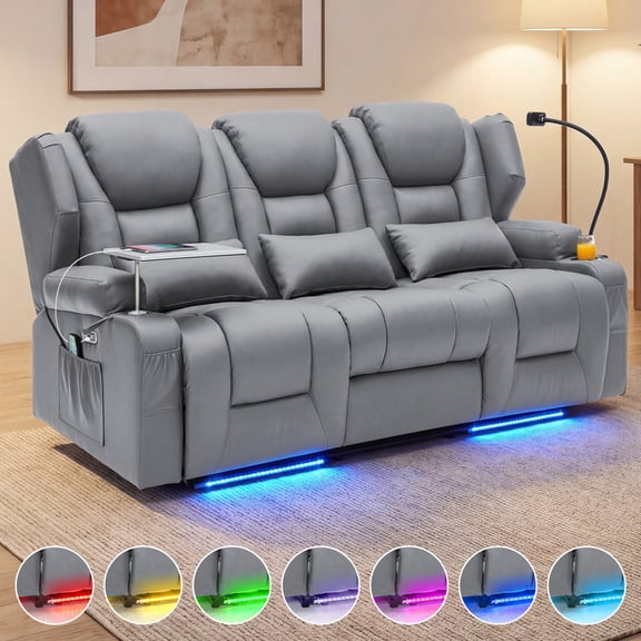 Electric Power Reclining 3-seat Sofa, 4-Point Vibration Massage & Lumbar Heating, Adjustable 90°-150° Recline, RGB LED Light Strip, Side Storage Pockets for Living Room, Pu Leather, Gray