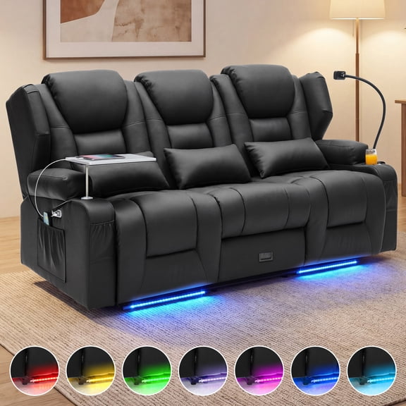Electric Power Reclining 3-seat Sofa, 4-Point Vibration Massage & Lumbar Heating, Adjustable 90°-150° Recline, RGB LED Light Strip, Side Storage Pockets for Living Room, Pu Leather, Black