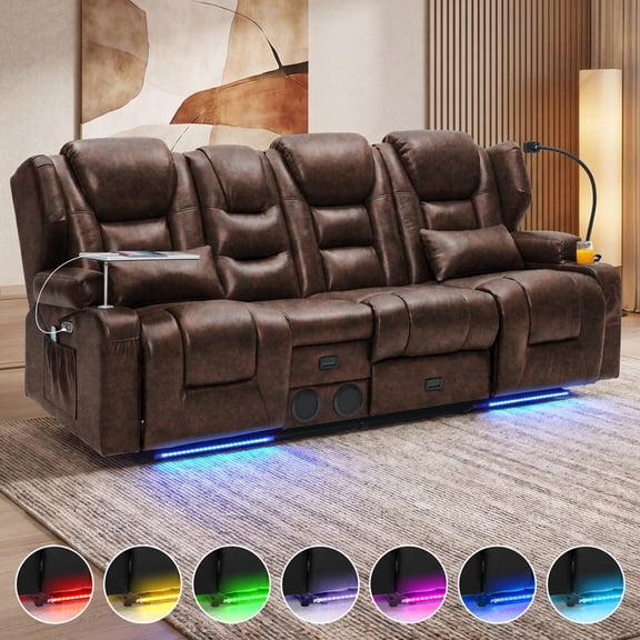 Electric Power Reclining 3-seat Sofa, 4-Point Vibration Massage & Lumbar Heating, Adjustable 90°-150° Recline, RGB LED Light Strip, Side Storage Pockets and Speaker, Breathable Leather, Brown