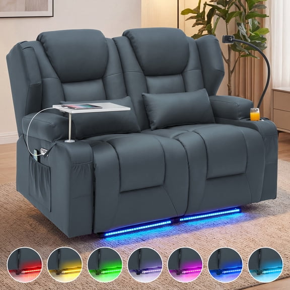 Electric Power Reclining Loveseat Sofa, 4-Point Vibration Massage & Lumbar Heating, Adjustable 90°-150° Recline, RGB LED Light Strip, Side Storage Pockets for Living Room, Pu Leather, Blue